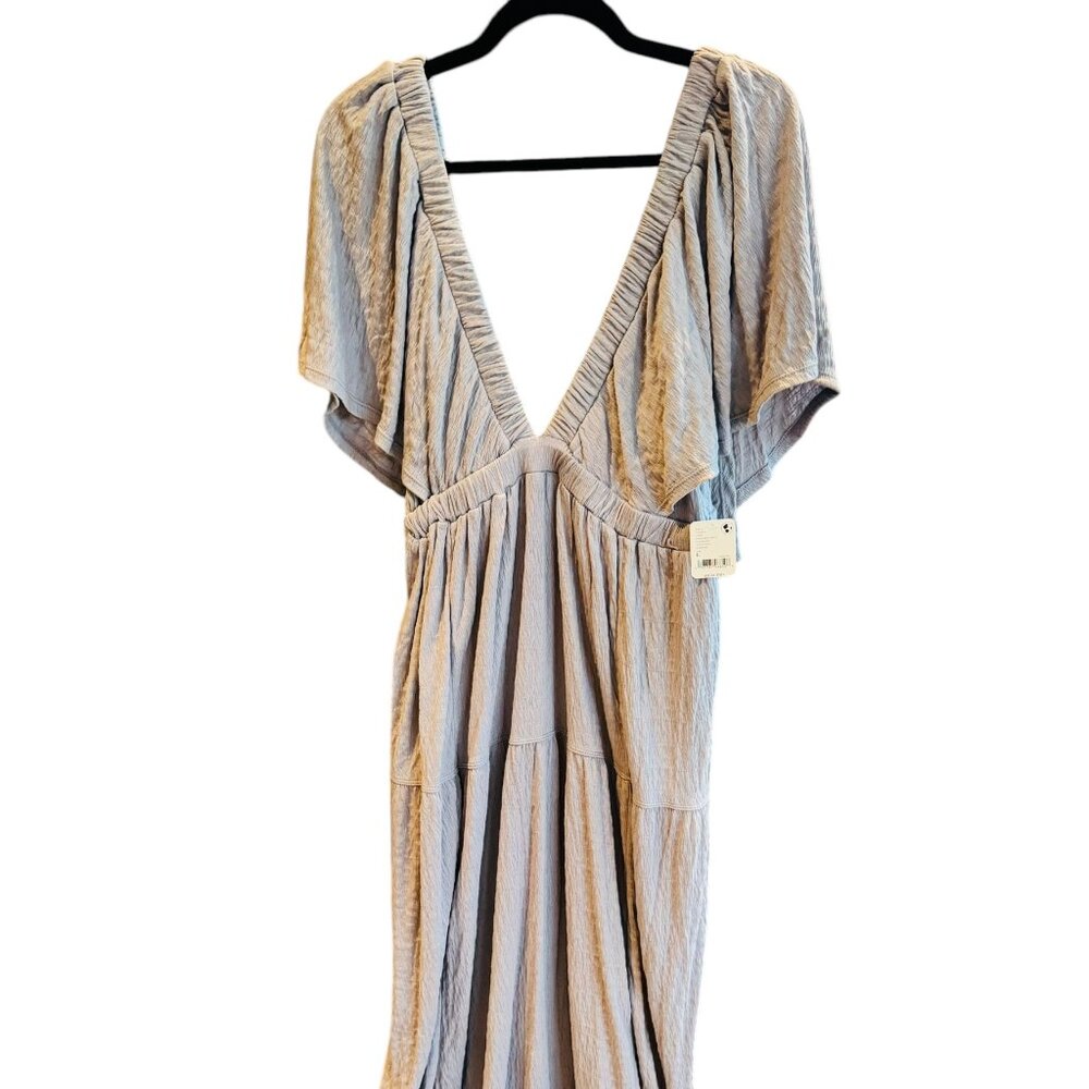 Free People Gray Deep V Maxi Dress With Flutter Sleeves Size L